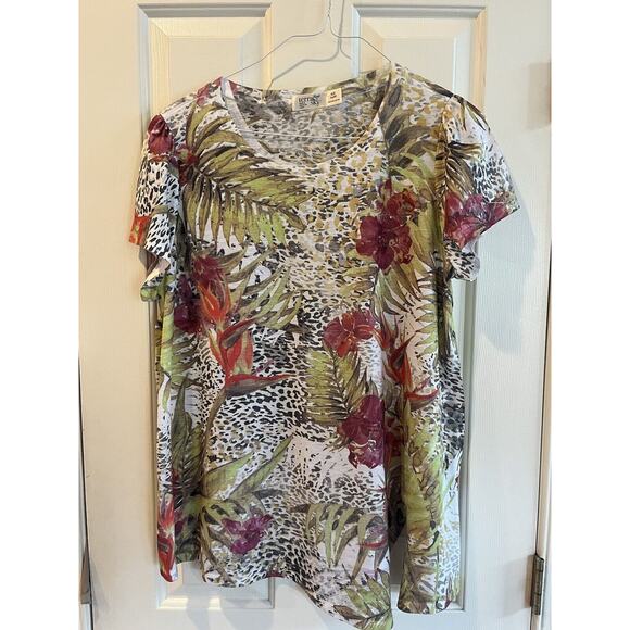 Terra & Sky sz OX, 14W Ladies casual top polyester animal print floral tropical - Picture 1 of 4